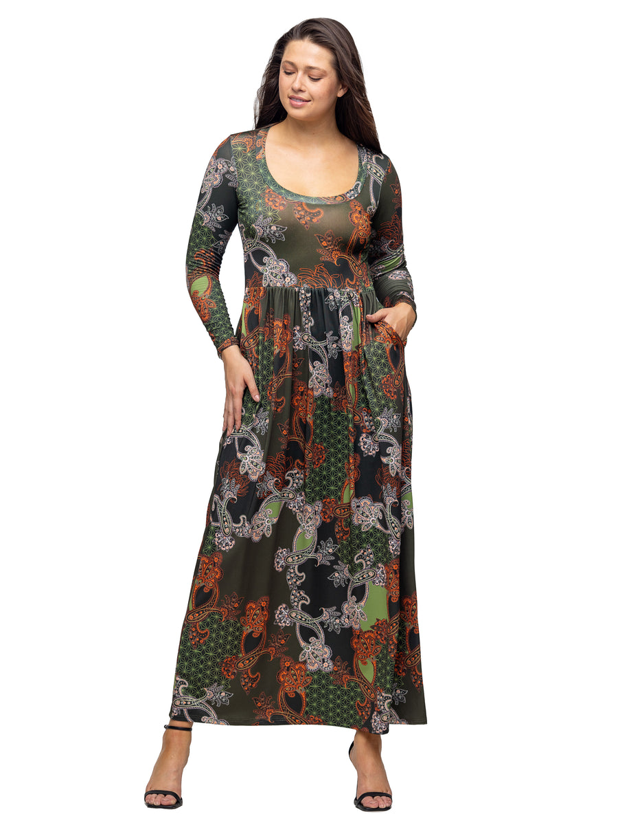 Essential Womens Floral Long Sleeve Square Neck Pocket Maxi Dress