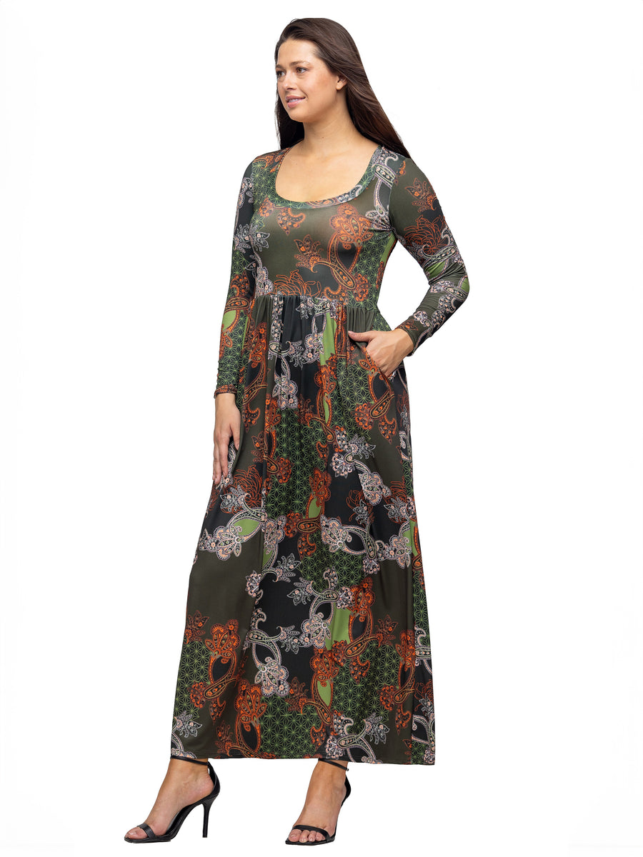 Essential Womens Floral Long Sleeve Square Neck Pocket Maxi Dress