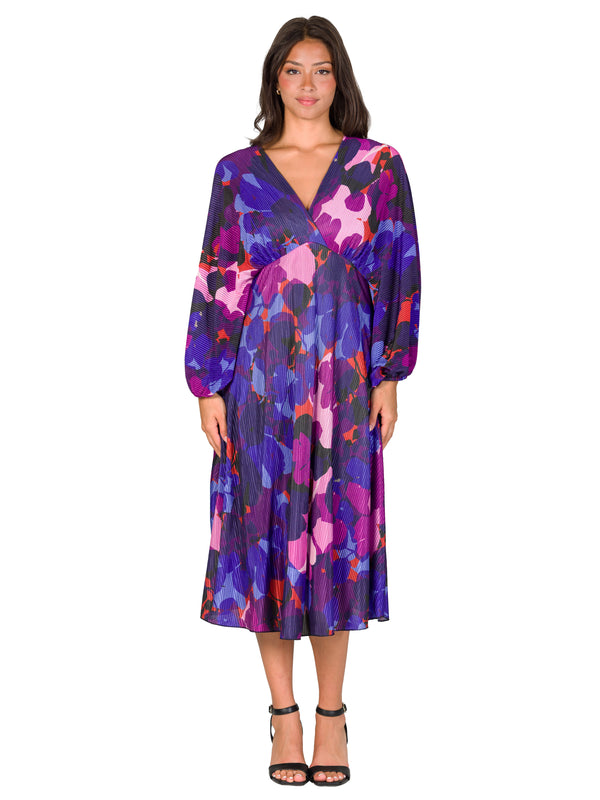 Elevate Womens Floral V Neck Bishop Sleeve Empire Waist Midi Dress