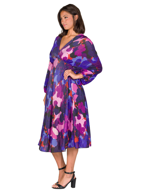 Elevate Womens Floral V Neck Bishop Sleeve Empire Waist Midi Dress