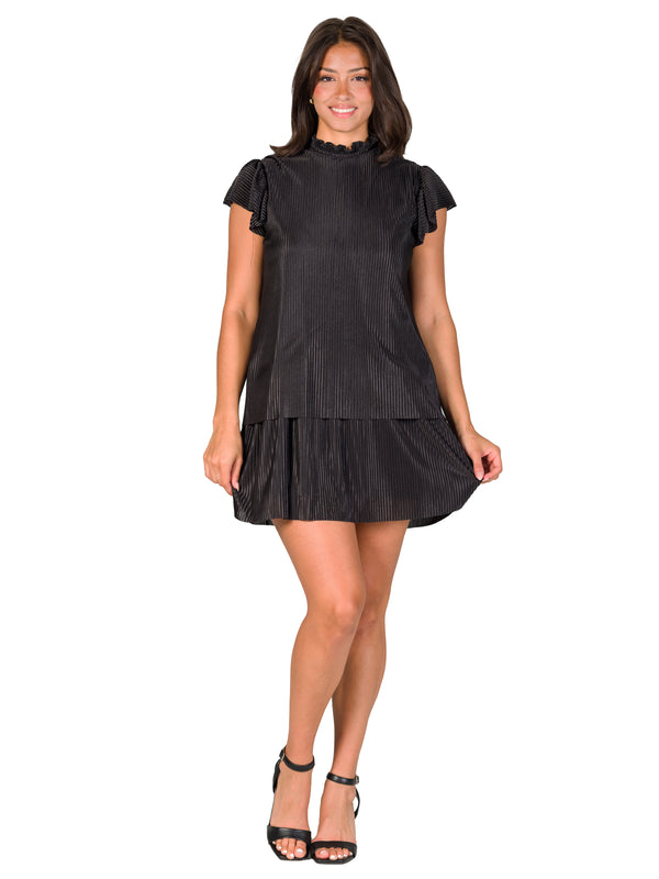 Elevate Womens Ruffle Cap Sleeve High Neck Pleated TieA Line Mini Dress
