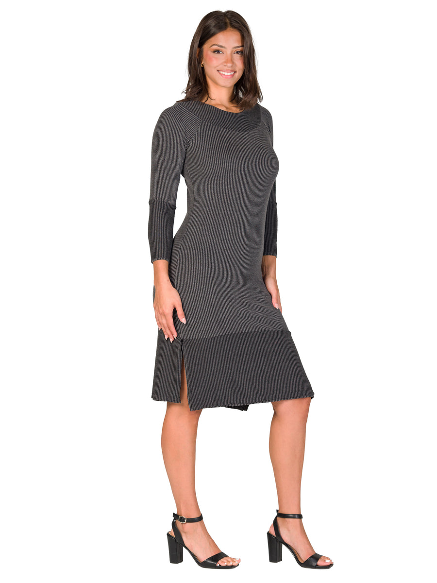 Essential Womens Round Neck Ribbed Knit Long Sleeve Knee Length Dress