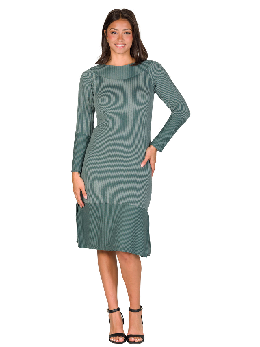 Essential Womens Round Neck Ribbed Knit Long Sleeve Knee Length Dress