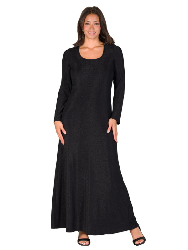 Elevate Womens Scoop Neck Long Sleeve Metallic Fabric A Line Maxi Dress