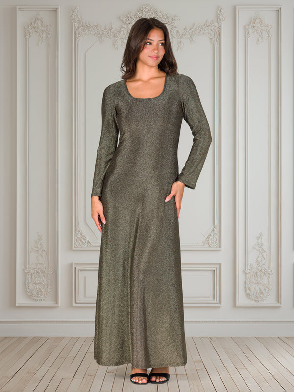 Elevate Womens Scoop Neck Long Sleeve Metallic Fabric A Line Maxi Dress