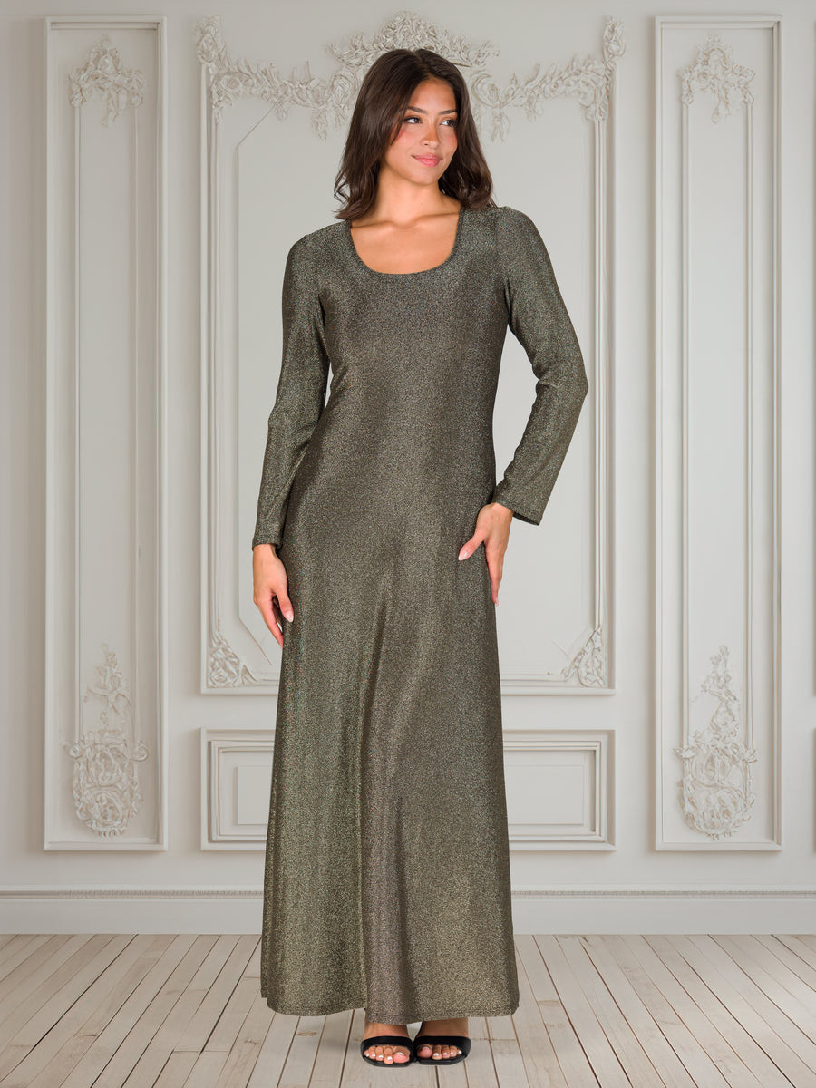 Elevate Womens Scoop Neck Long Sleeve Metallic Fabric A Line Maxi Dress