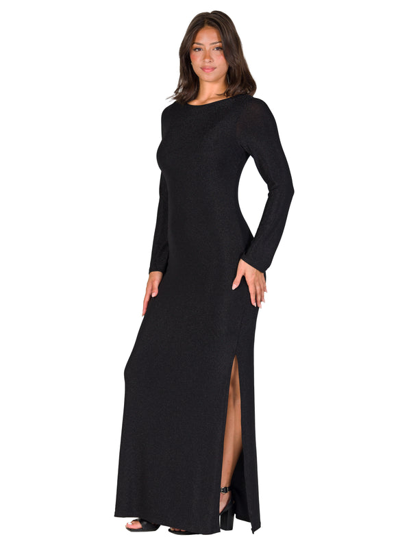 Elevate Womens Round Neck Long Sleeve Bodycon SSlit A Line Maxi Dress