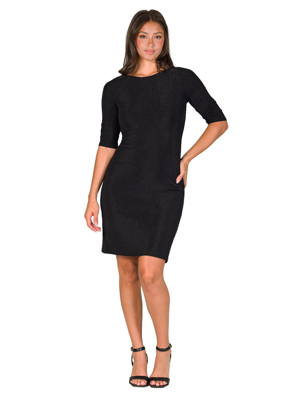 Elevate Womens Round Neck Elbow Sleeve Metallic Bodycon Mini Dress