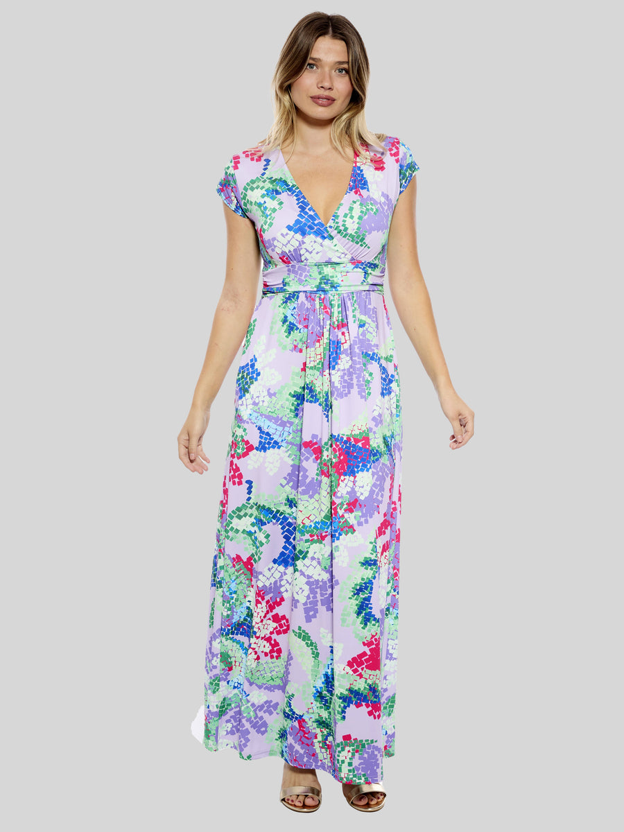 Essential Womens Abstract V Neck Cap Sleeve Pocket A Line Maxi Dress
