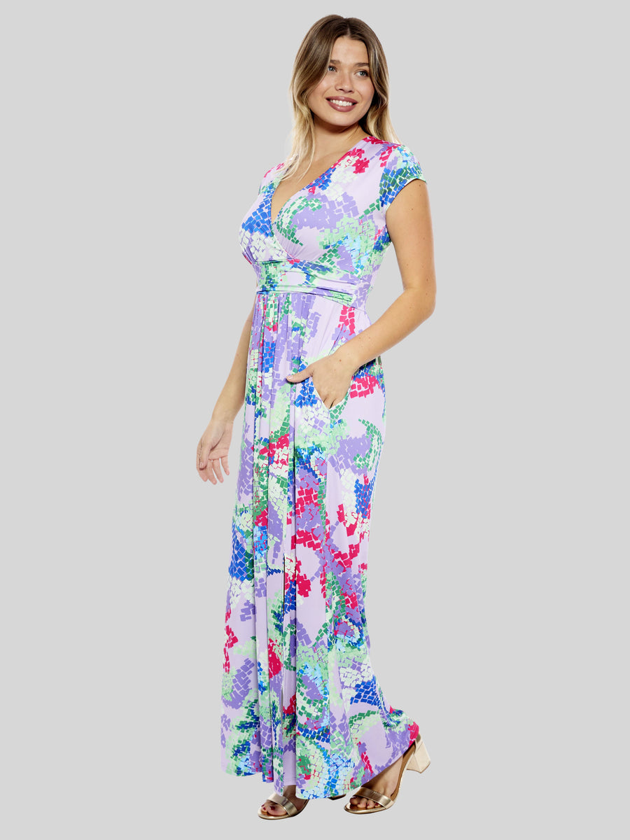 Essential Womens Abstract V Neck Cap Sleeve Pocket A Line Maxi Dress