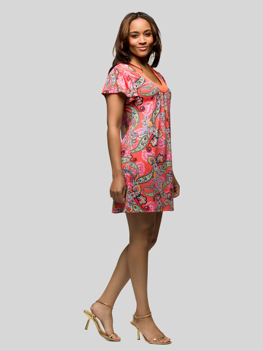 Essential Womens Pink Paisley Short Sleeve Scoop Neck Mini Dress