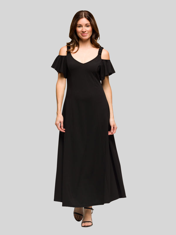 Elevate Womens Soft V Neck Cold Sholder Ruffle A Line Maxi Dress