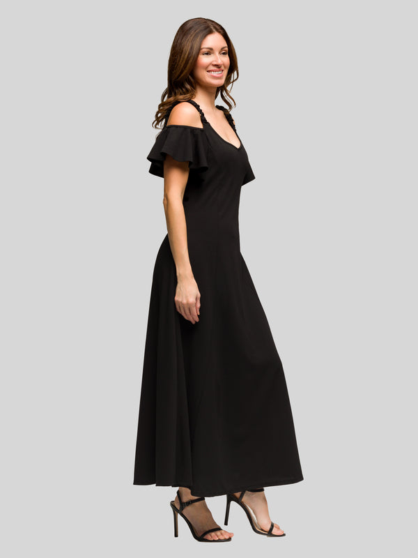 Elevate Womens Soft V Neck Cold Sholder Ruffle A Line Maxi Dress