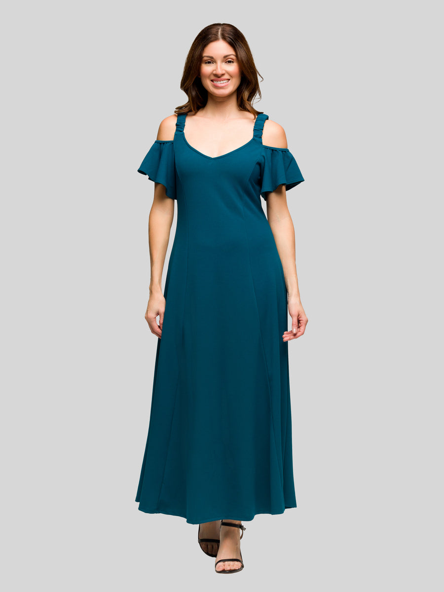Elevate Womens Soft V Neck Cold Sholder Ruffle A Line Maxi Dress