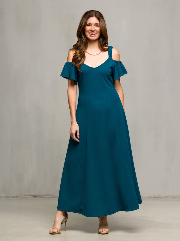 Elevate Womens Soft V Neck Cold Sholder Ruffle A Line Maxi Dress