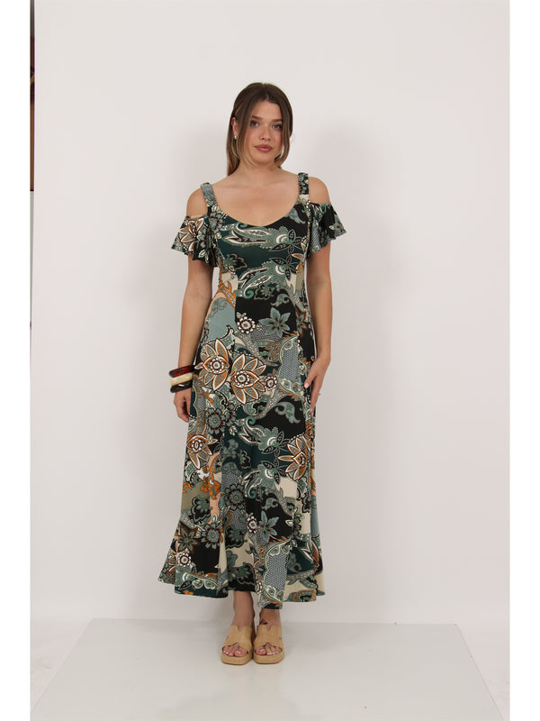 Elevate Womens Soft V Neck Cold Sholder Ruffle Sleeve Wide A Line Maxi Dress