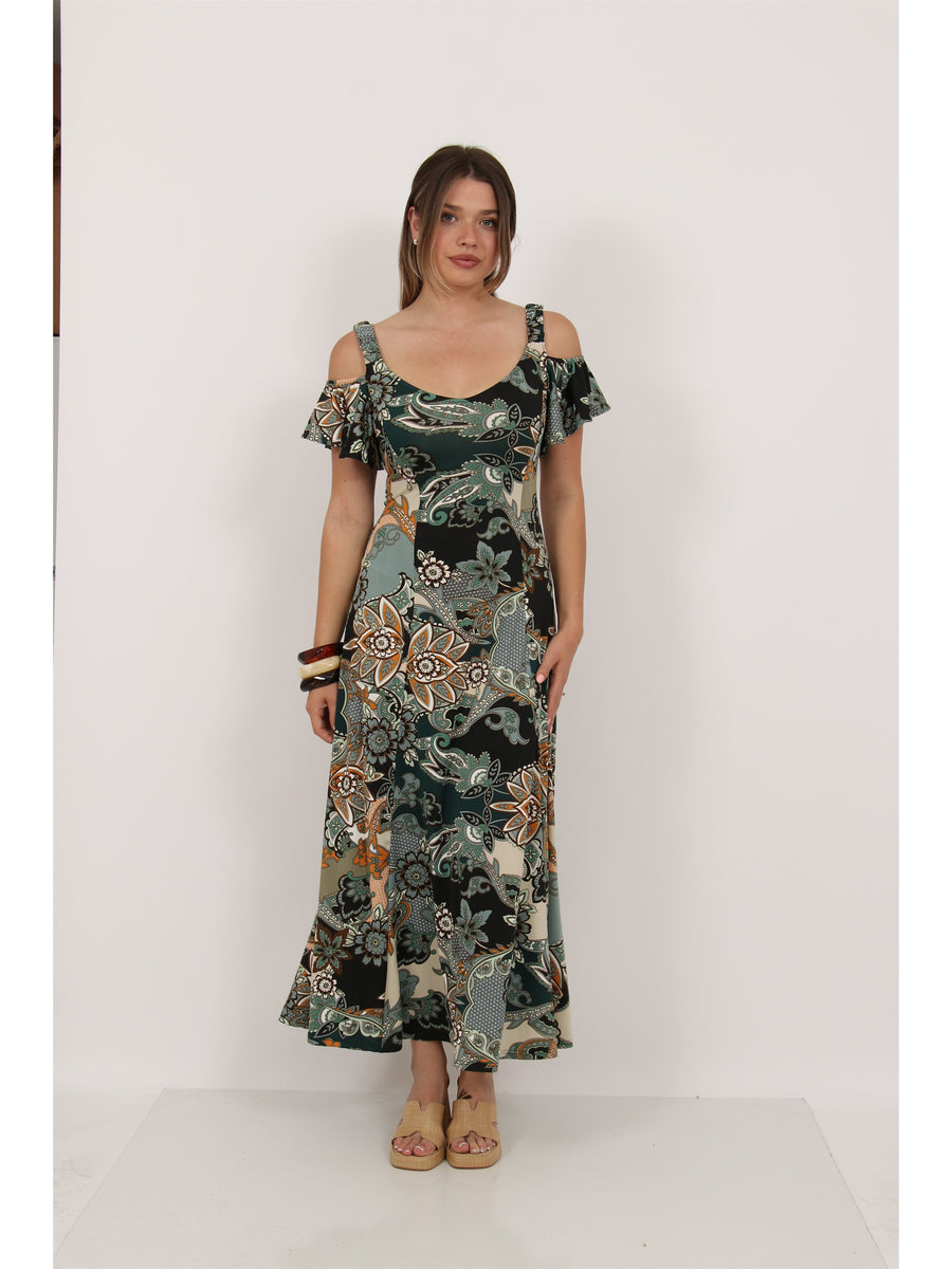 Elevate Womens Soft V Neck Cold Sholder Ruffle Sleeve Wide A Line Maxi Dress