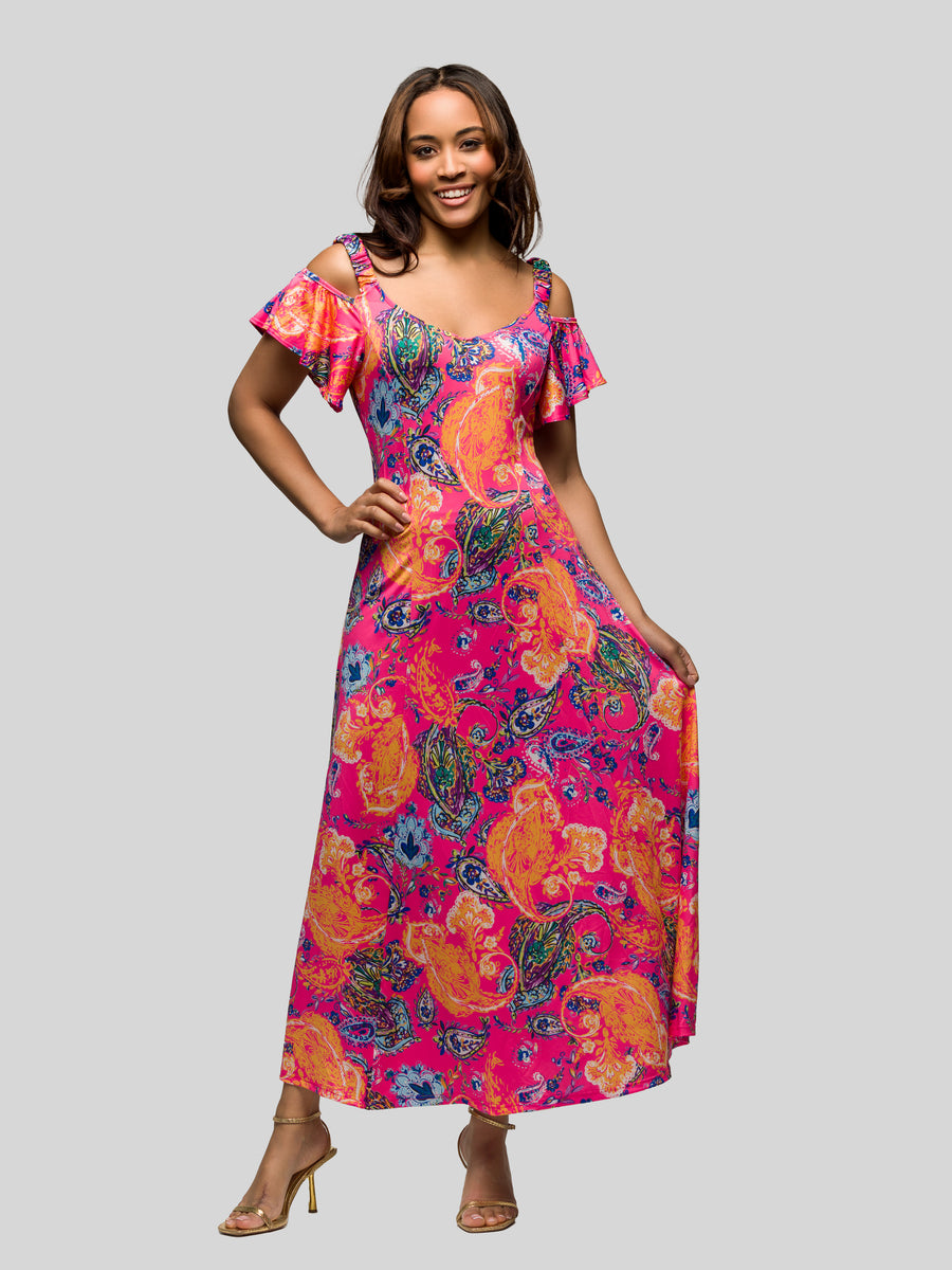 Elevate Womens Paisley Soft V Neck Cold Sholder  A Line Maxi Dress