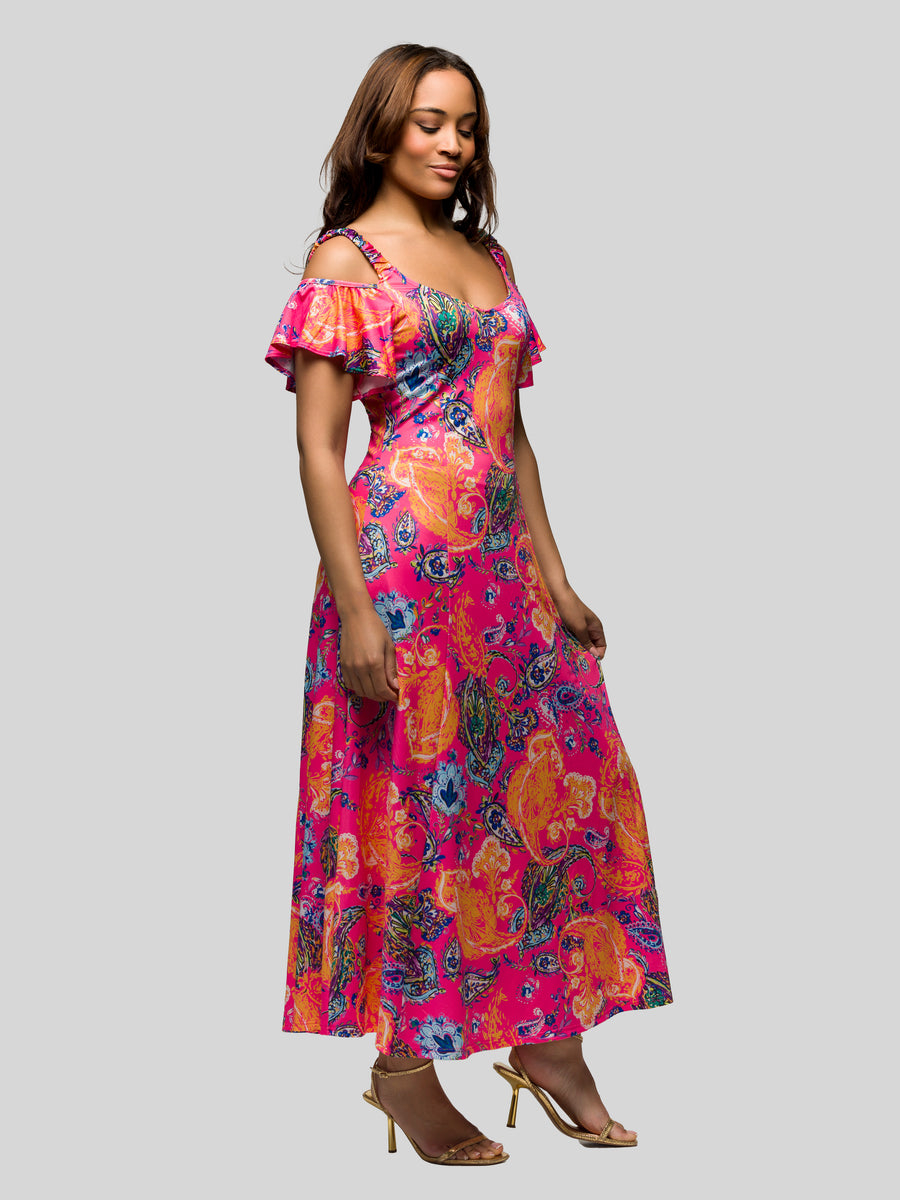 Elevate Womens Paisley Soft V Neck Cold Sholder  A Line Maxi Dress