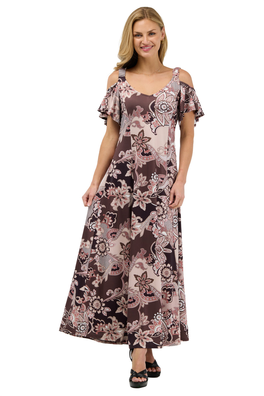 24seven Comfort Elevate Womens V Neck Cold Sholder Ruffle Sleeve Wide A Line Floral Maxi Dress