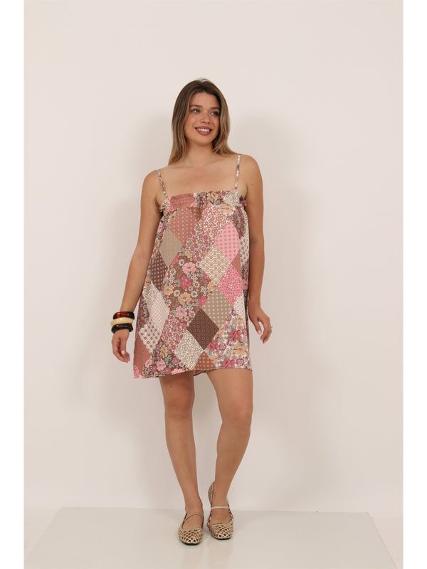Essential Womens Patchwork Spaghetti Strap Smocked A Line Pocket Mini Dress