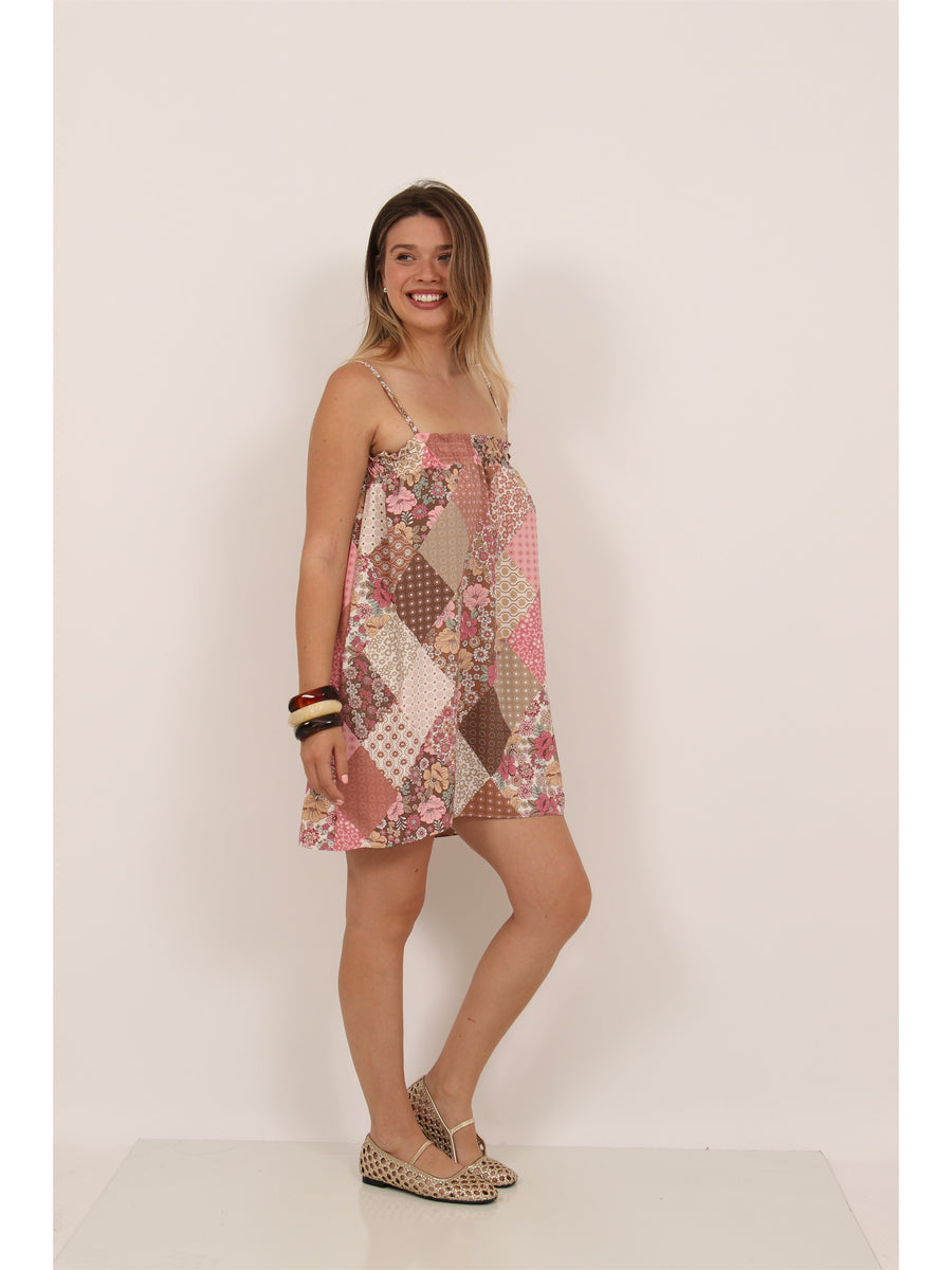 Essential Womens Patchwork Spaghetti Strap Smocked A Line Pocket Mini Dress