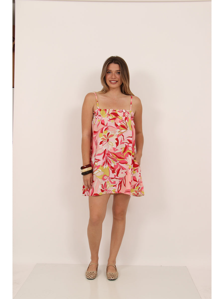 Essential Womens Floral Print Spaghetti Strap Smocked A Line Pocket Mini Dress