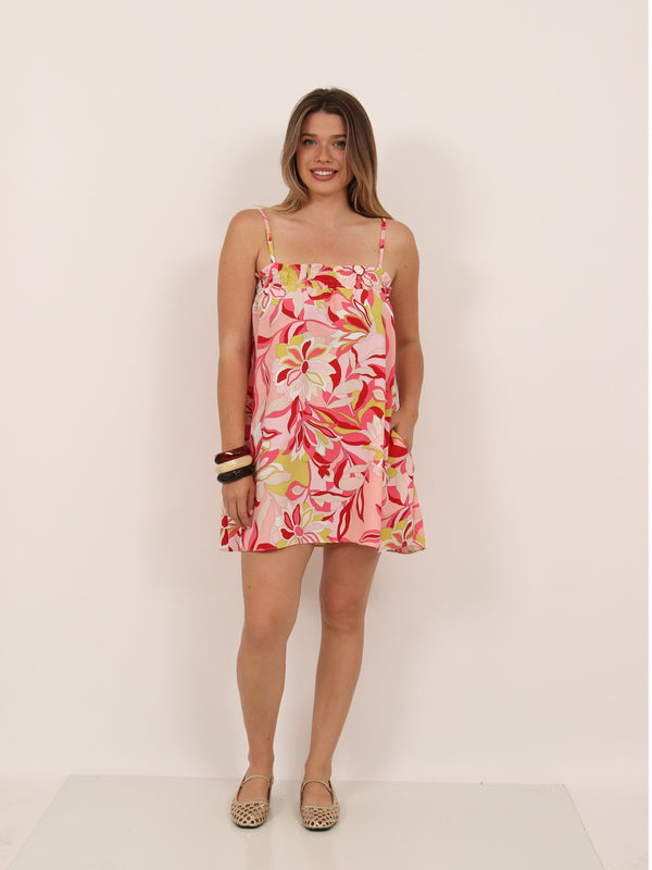 Essential Womens Floral Print Spaghetti Strap Smocked A Line Pocket Mini Dress