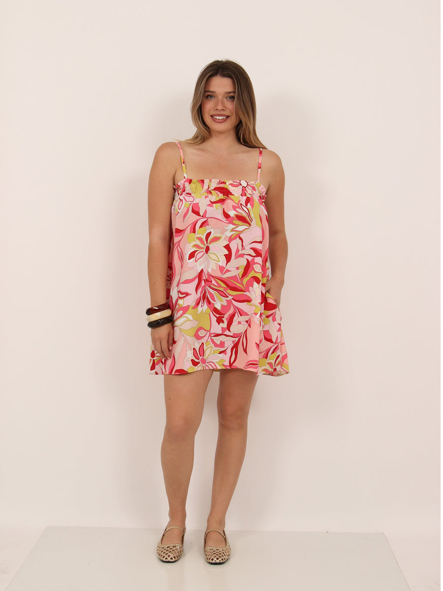 Essential Womens Floral Print Spaghetti Strap Smocked A Line Pocket Mini Dress