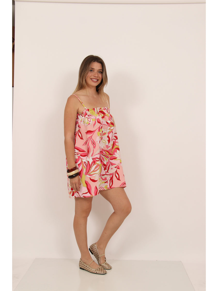 Essential Womens Floral Print Spaghetti Strap Smocked A Line Pocket Mini Dress
