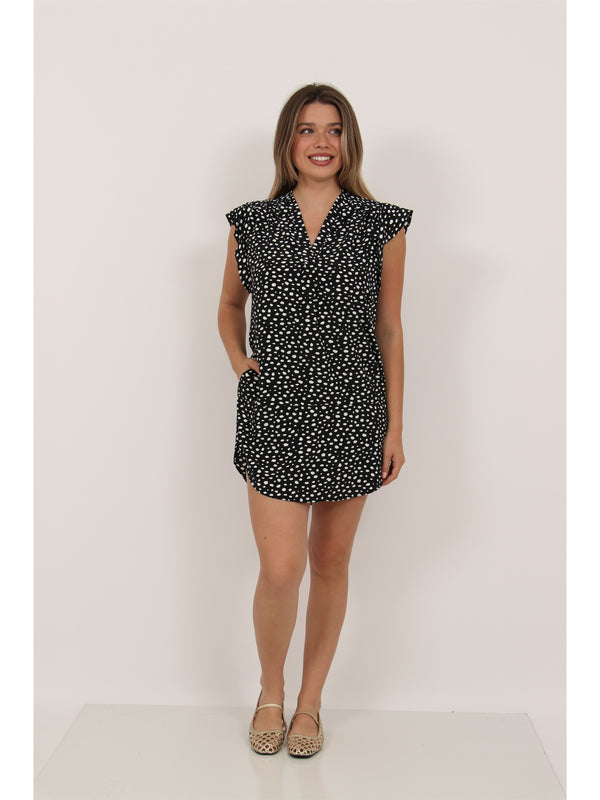 Essential Womens Dot Print V Neck Round Hem Mini Pocket Shift Dress