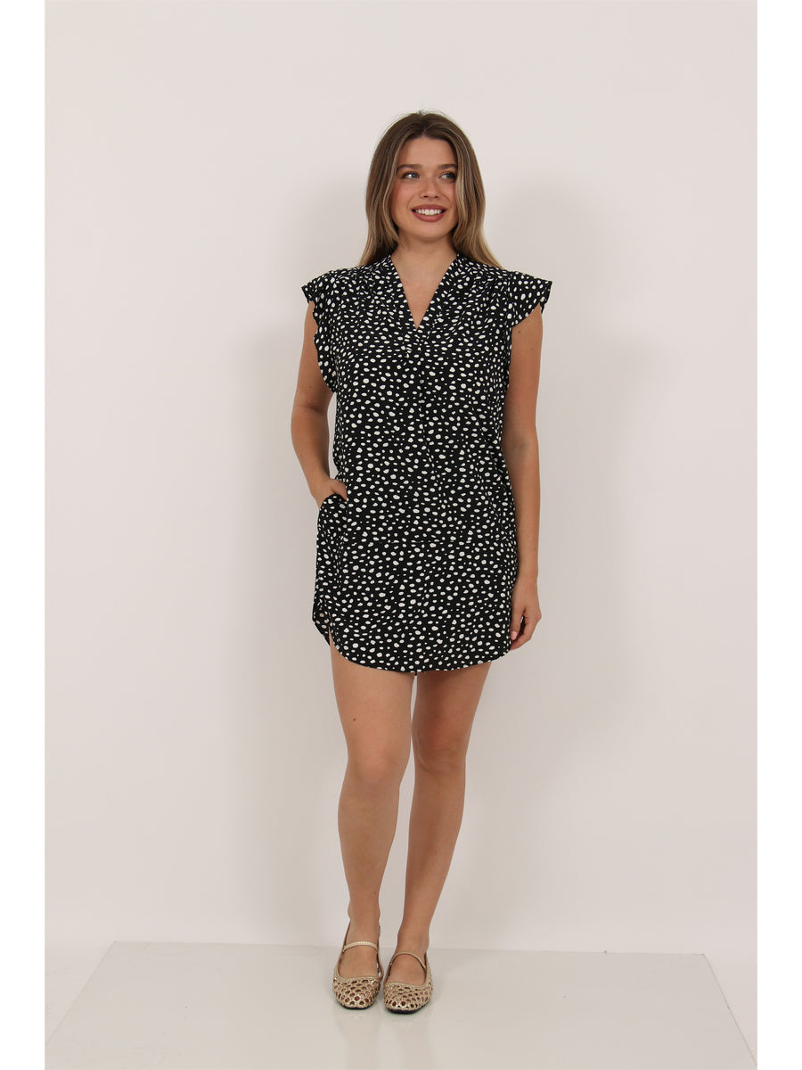 Essential Womens Dot Print V Neck Round Hem Mini Pocket Shift Dress