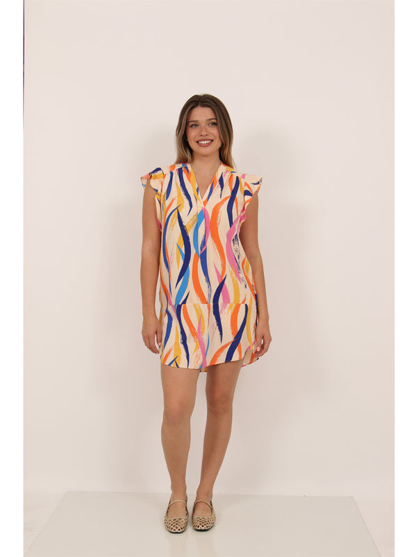 Essential Womens Abstract Print V Neck Round Hem Mini Pocket Shift Dress
