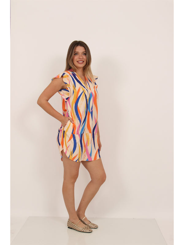 Essential Womens Abstract Print V Neck Round Hem Mini Pocket Shift Dress
