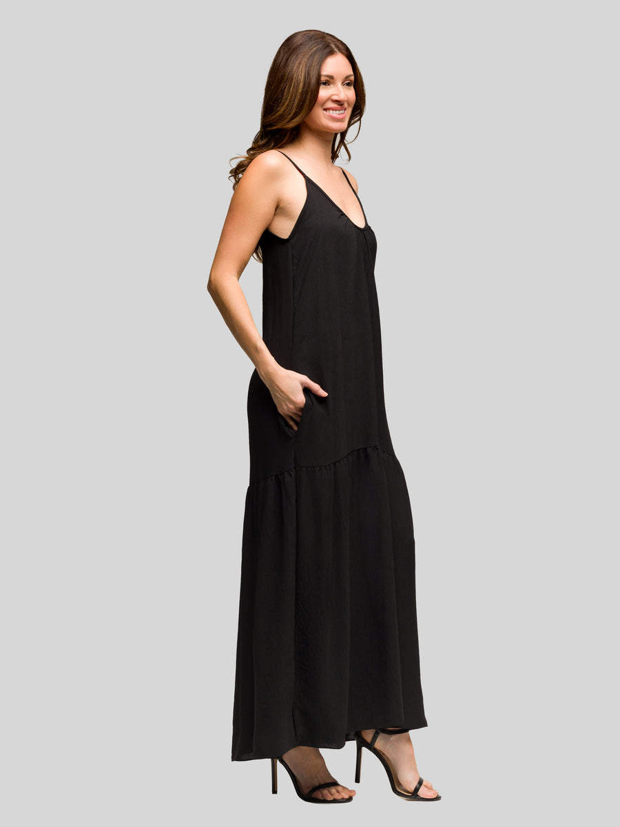 Essential Womens Scoop Neck Spaghetti Strap Pocket A Line Maxi Dress