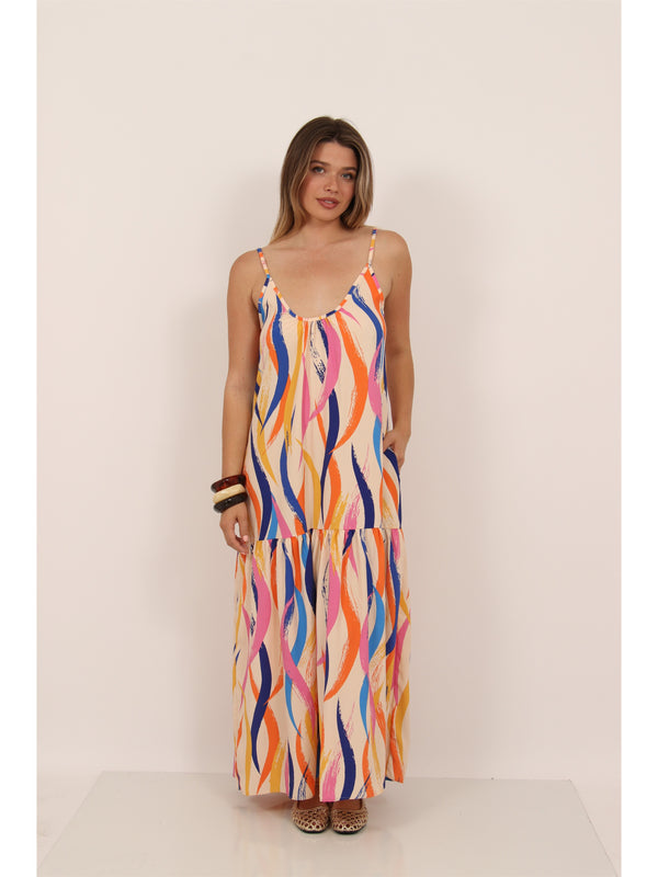 Essential Womens Abstract Print Scoop Neck Spaghetti Strap Pocket A Line Maxi Dress
