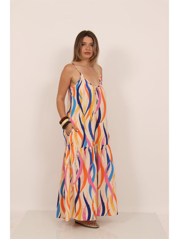 Essential Womens Abstract Print Scoop Neck Spaghetti Strap Pocket A Line Maxi Dress
