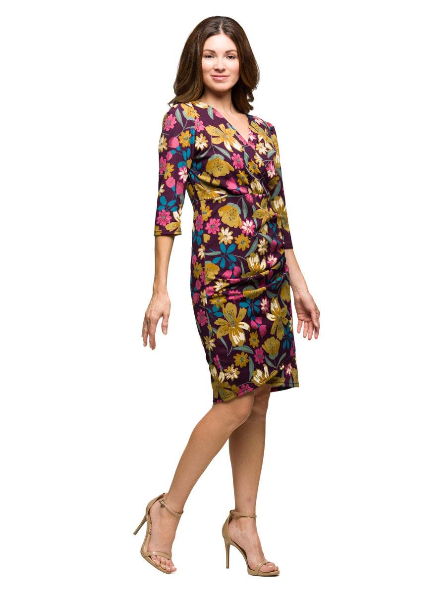 Essential Womens Floral V Neck Fitted Wrap Knee Length Dress