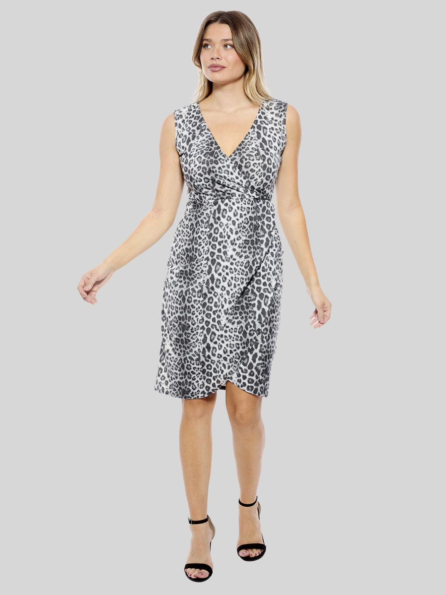Essential Womens Cheetah V Neck Sleeveless Wrap Tulip Hem Midi Dress