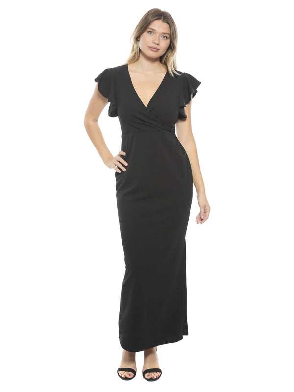 Elevate Womens V-Neck Ruffle Sleeve Faux Wrap Maxi Dress