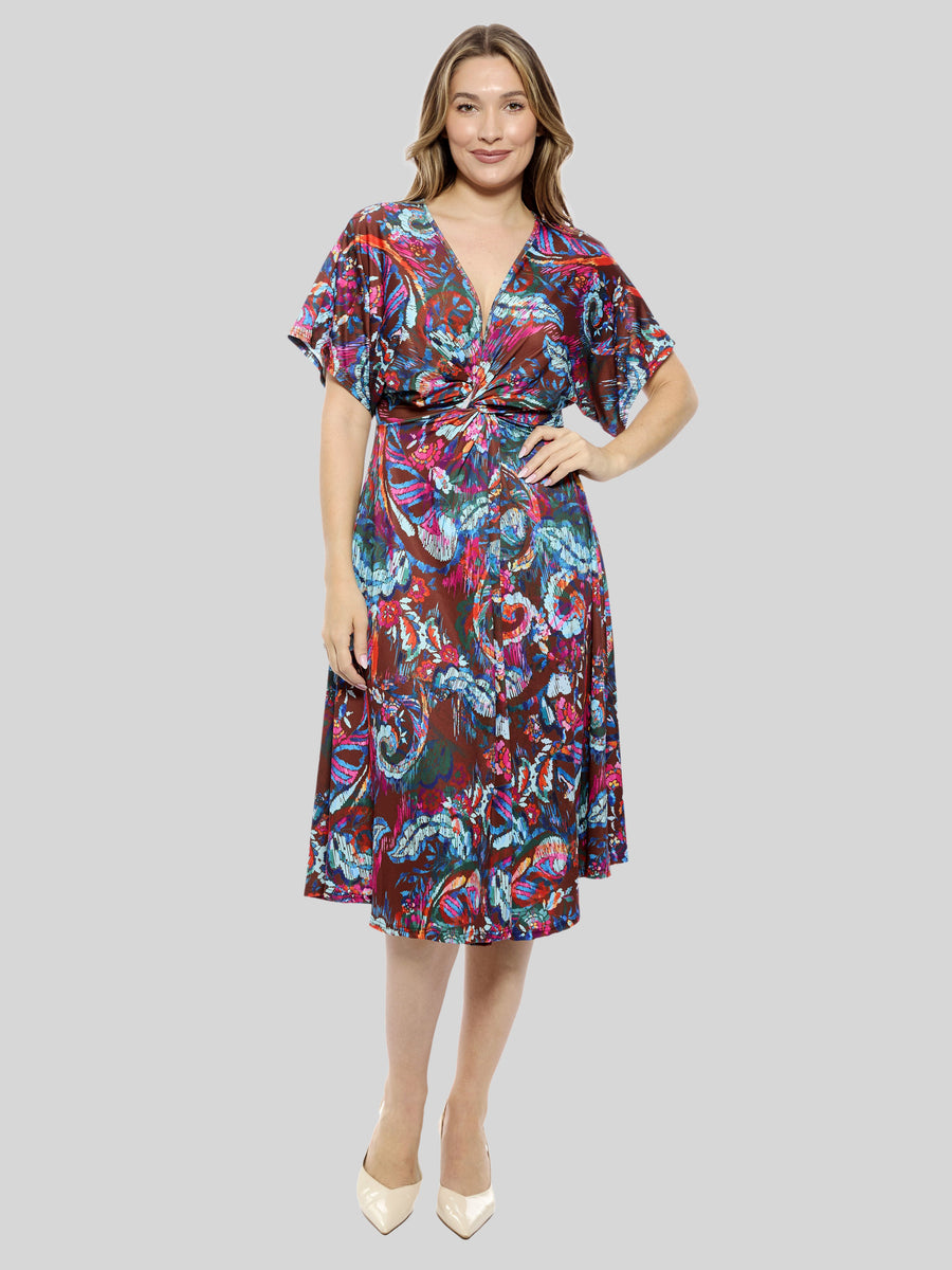 Essential Womens Abstract V Neck Twist Front A Line Midi Dress