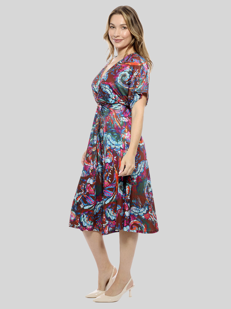 Essential Womens Abstract V Neck Twist Front A Line Midi Dress