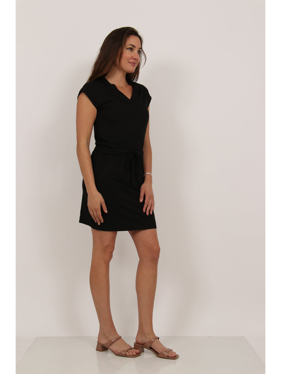 Essential Womens Ribbed Knit V Neck Drawstring Waist Pocket Knee Length Dress