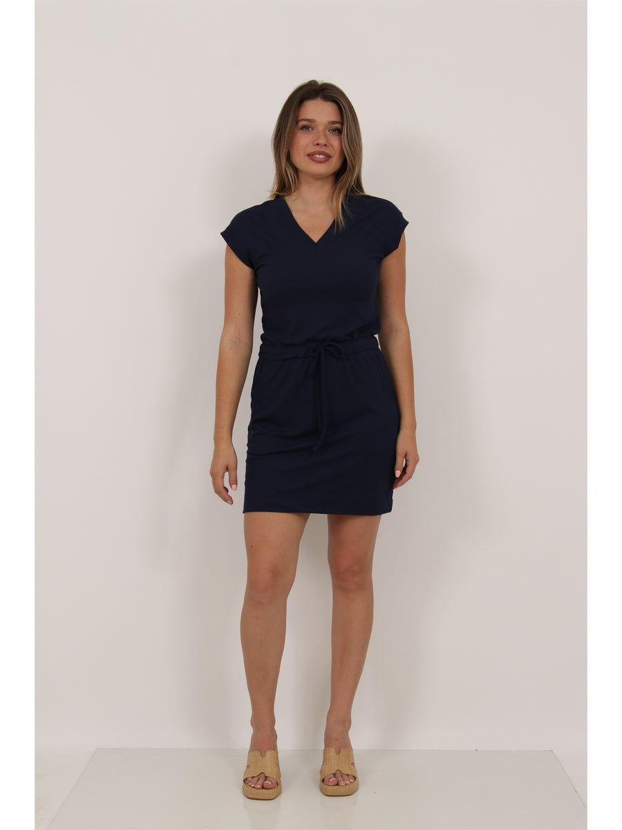 Essential Womens Ribbed Knit V Neck Drawstring Waist Pocket Knee Length Dress