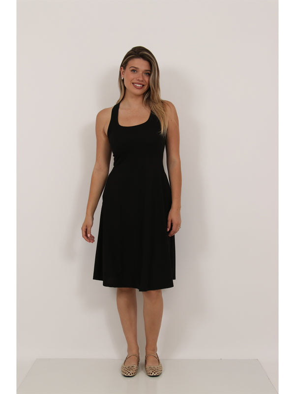 Essential Womens Ribbed Knit Sleeveless Scoop Neck Pocket A Line Midi Dress