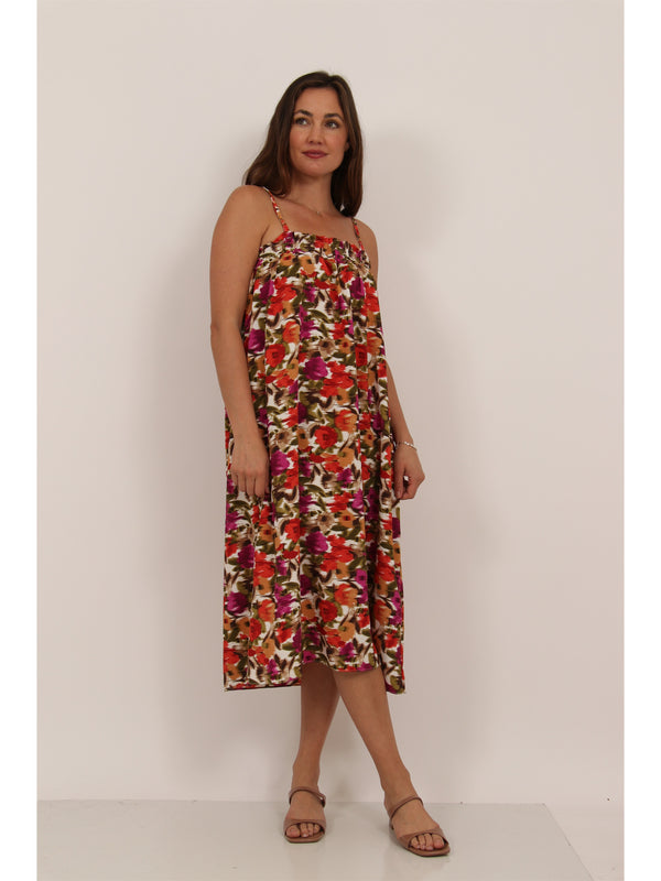 Essential Womens Abstract Print Spaghetti Strap Smocked Pocket A Line Maxi Dress