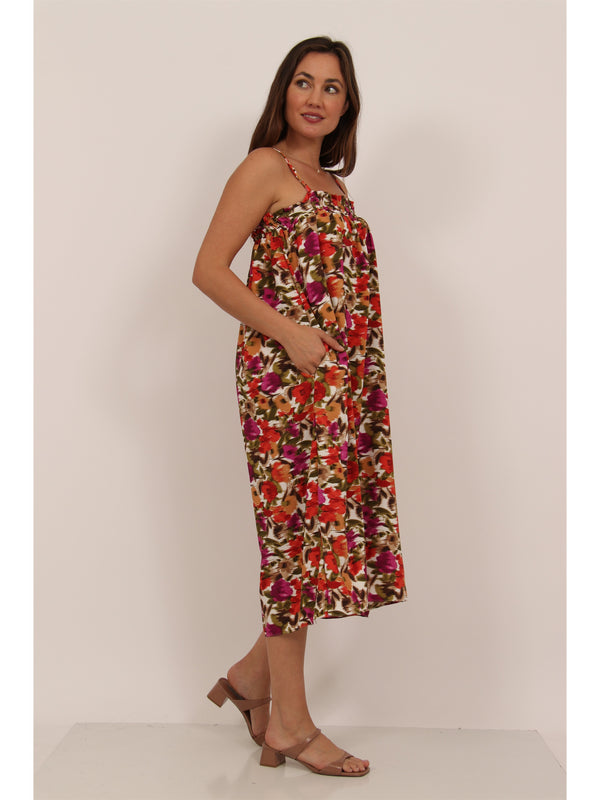 Essential Womens Abstract Print Spaghetti Strap Smocked Pocket A Line Maxi Dress