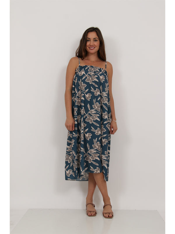 Essential Womens Floral Print Spaghetti Strap Smocked Pocket A Line Maxi Dress