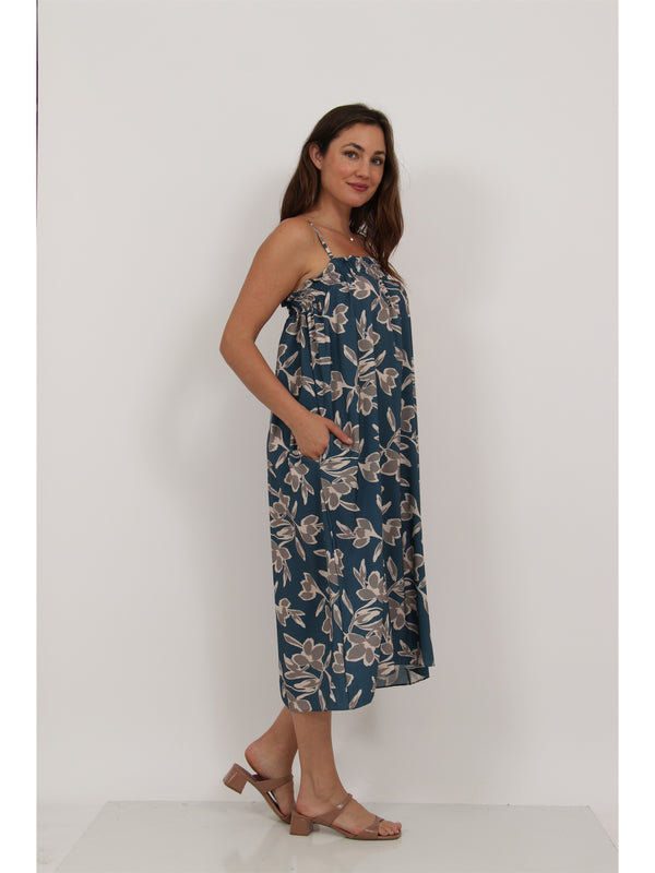 Essential Womens Floral Print Spaghetti Strap Smocked Pocket A Line Maxi Dress