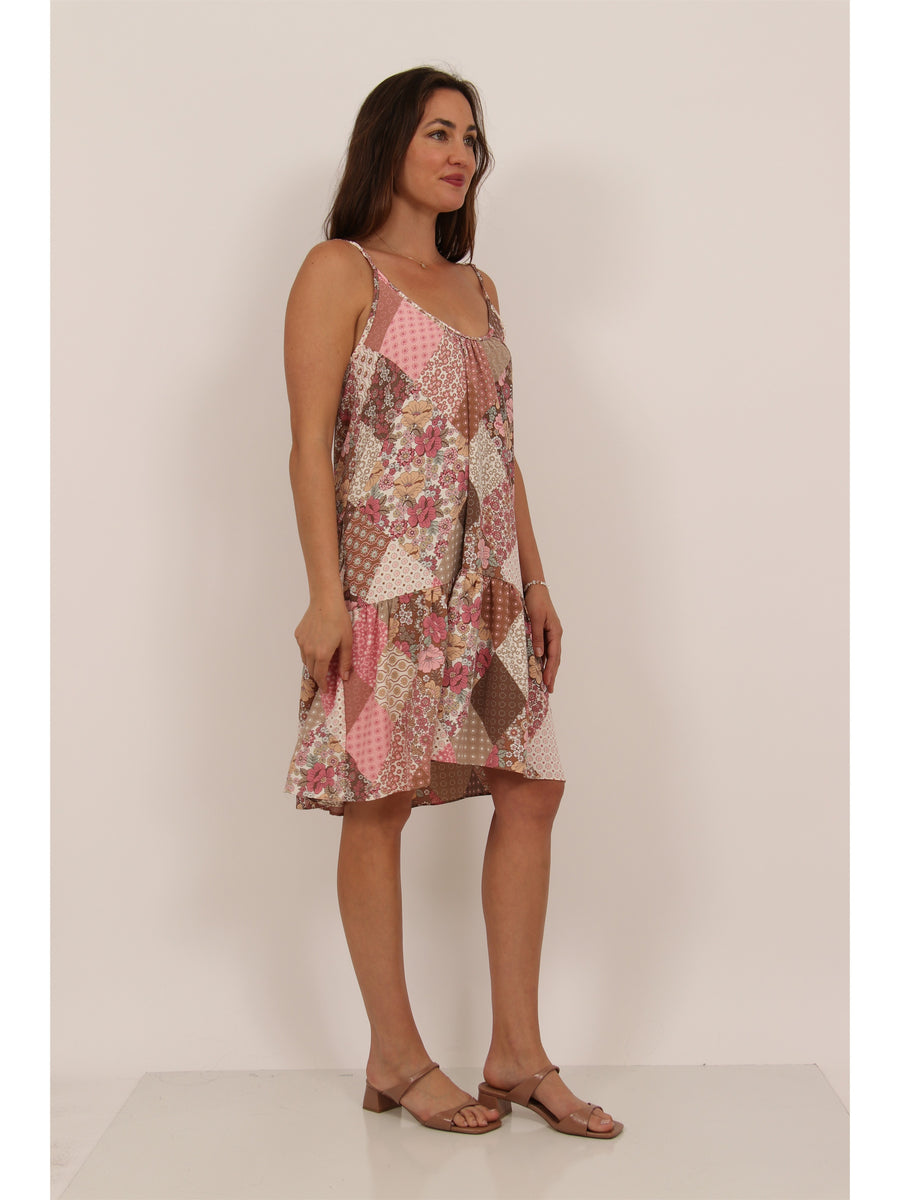 Essential Womens Patchwork Scoop Neck Spaghetti Strap Pocket A Line Mini Dress